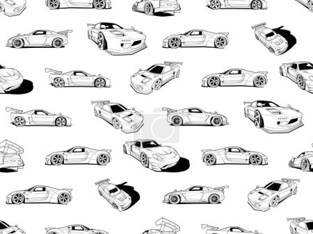 Illustration for Black and white vector seamless pattern with sports cars, set of illustrations. Hand-drawn art for t-shirts, helmets, cars, and wallpapers. concept graphic design element. Isolated on white background - Royalty Free Image
