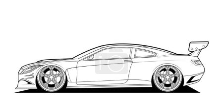 Dynamic black and white vector illustration of a sports car, embodying speed, power, and adrenaline. Perfect for automotive themes and racing enthusiasts. Capture the essence of speed in your design.