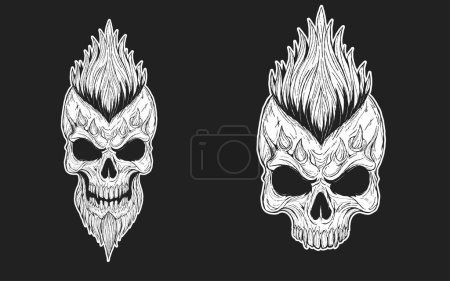 Illustration for Hand-drawn vector illustration of a skull sporting a bold Mohawk hairstyle. Perfect for rock, punk, and alternative music-themed projects. T-shirt print design. Isolated on black background - Royalty Free Image