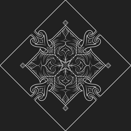 Handgezeichnete Vektorillustration, kunstvolles Mandala-Design. Detaillierte, symmetrische Muster, elegante florale Elemente. Malbücher, dekorative Kunst, Einladungen. Weiße Linie Kunst, isoliert auf schwarzem Hintergrund