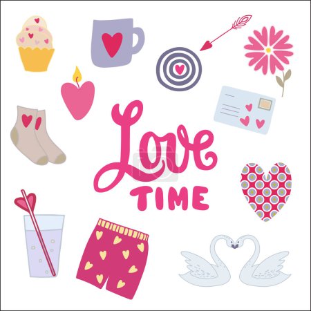 Illustration for Hand drawn lettering Love Time with Valentines day symbols. For scrapbooking, greetings, DIY projects. - Royalty Free Image