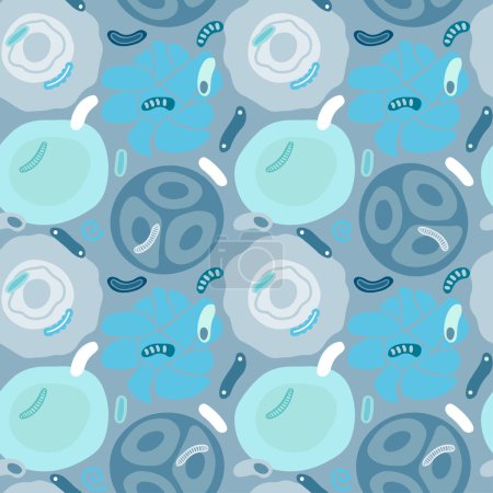 Ilustración de Patrón inconsútil de moléculas azules, células de virus, bacterias. Fondo de estilo garabato dibujado a mano. - Imagen libre de derechos