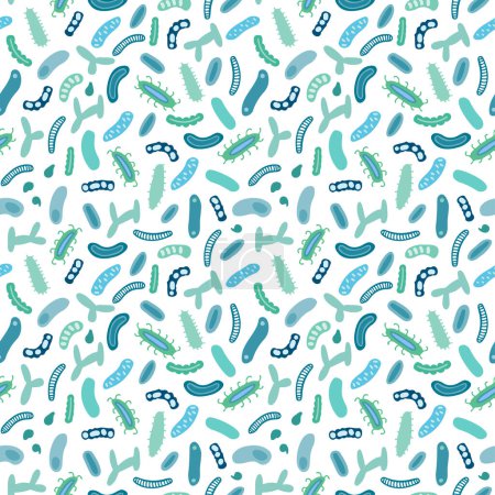 Ilustración de Patrón inconsútil de moléculas, células de virus, bacterias. Fondo de estilo garabato dibujado a mano en colores verde y azul. - Imagen libre de derechos