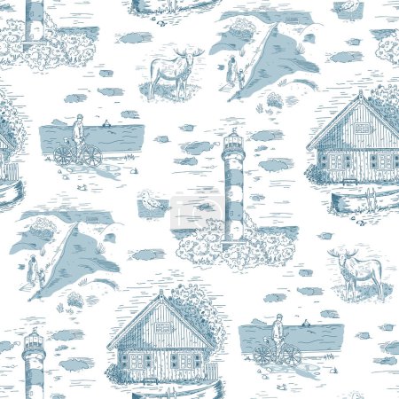 Illustration for Toile de Jouy seamless pattern in blue colour. Small village by the sea compositions. House, lighthouse, man with bicycle, elk, dunes. For home textile, wallpaper, wrapping, packaging. - Royalty Free Image