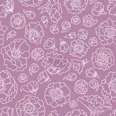 Illustration for Delphinium floral pattern with white bold outlines on a violet background. For textile, packaging, wrapping, DIY projects - Royalty Free Image