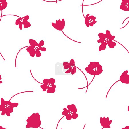 Téléchargez les illustrations : Un motif répétitif avec des fleurs roses stylisées aux contours rose foncé sur fond blanc. Le design simpliste mais gai adapté à la mode printanière ou estivale, aux projets d'artisanat ou au décor à la maison. - en licence libre de droit