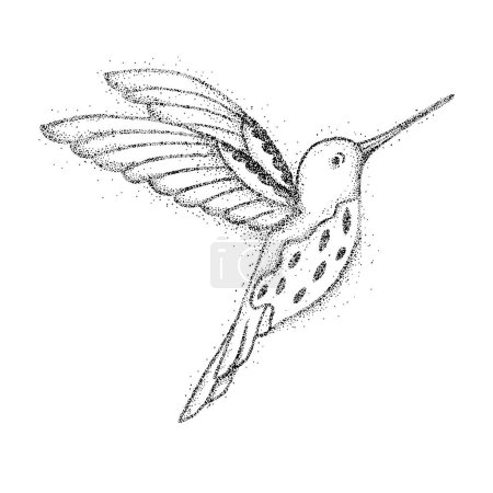 Dotwork illustration of a hummingbird captured mid-flight, with its wings outstretched. Countless dots create shading and texture.