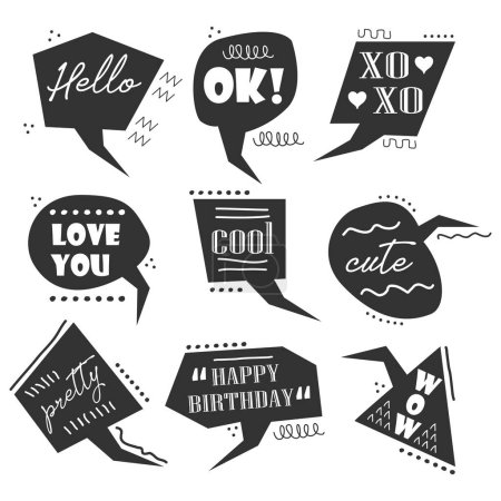 Illustration for Black funky cartoon retro style quotes in odd shapes speech bubbles set design elements on white background - Royalty Free Image