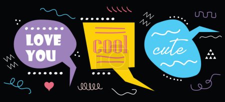 Illustration for Colorful funky and cute cartoon retro style odd shapes Love you, Cool, and Cute text speech bubbles set with textures design elements on black background - Royalty Free Image