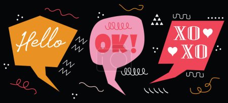 Illustration for Colorful funky and cute cartoon retro style odd shapes Hello, Ok, and XOXO text speech bubbles set with textures design elements on black background - Royalty Free Image