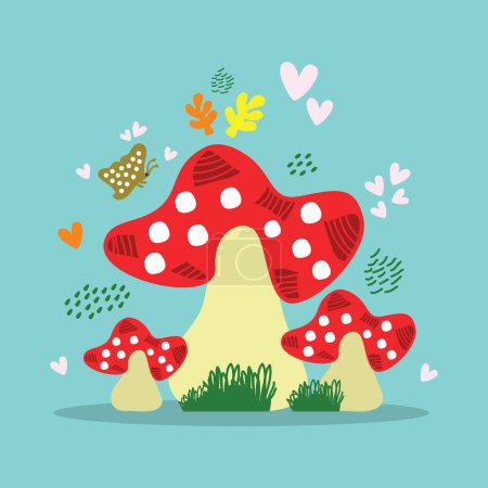 Ilustración de Colorful cute cartoon hand drawn Mushrooms flat design icons with butterfly, hearts, leaves and textures nature on blue background - Imagen libre de derechos