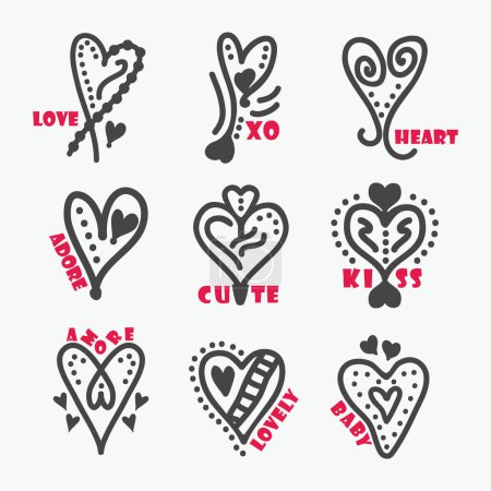 Ilustración de Black line hand drawn cute heart tattoo icons design elements set with red words on white background - Imagen libre de derechos