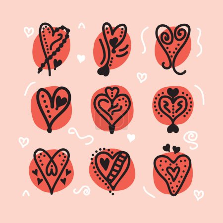 Téléchargez les illustrations : Black line hand drawn cute heart emblems icons design elements set with red circle on pink background - en licence libre de droit
