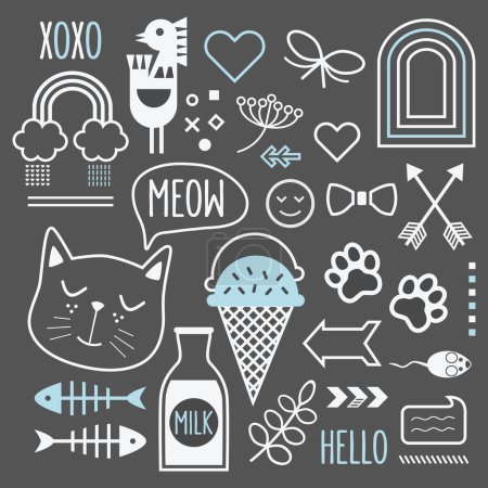 Illustration for White line cute cat related and fun icons design elements set on black background - Royalty Free Image