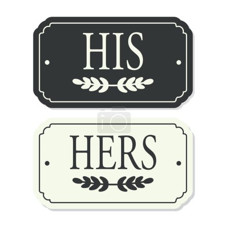 Ilustración de Black and white His and Hers message plates and leaf motif with wholes design element on white background - Imagen libre de derechos