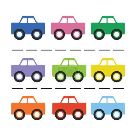 Ilustración de Cute bright colors flat retro isolated set of classic kids car toys in rows poster on white background - Imagen libre de derechos