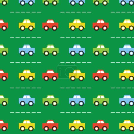 Téléchargez les illustrations : Colorful retro kids toy cars in rows pattern on green background design element - en licence libre de droit