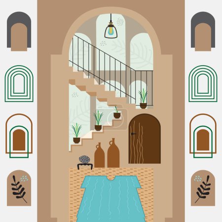 Illustration for Architectural enterial arcs and stairs in high roofed room area with rug, flower pot, door and decoration pottery jars poster and some arc shape frames icons set design element - Royalty Free Image