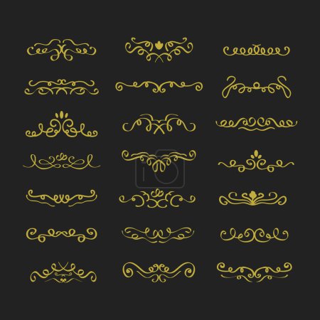 Téléchargez les illustrations : Assorted golden line hand drawn swirl dividers design elements set on black background - en licence libre de droit