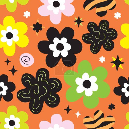Téléchargez les illustrations : Coloré funky abstrait printemps marguerites motif d'art naïf sur fond orange élément de conception - en licence libre de droit