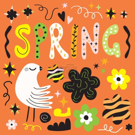 Téléchargez les illustrations : Cute flat abstract hand drawn spring greeting card with daisy flowers and bird icons and design elements set on orange background - en licence libre de droit