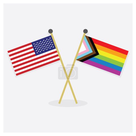 Ilustración de Crossed United States of America flag and new colorful LGBTQ+ rainbow flag icons with shadow on gray background - Imagen libre de derechos