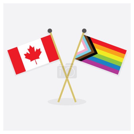 Illustration for Crossed Canadian flag and new colorful LGBTQ+ rainbow flag icons with shadow on off gray background - Royalty Free Image