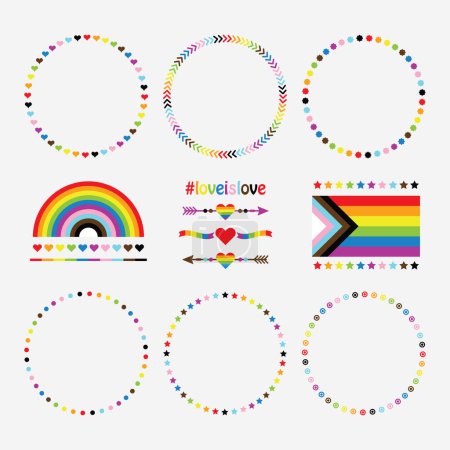 Creative colorful LGBTQ+ circle pattern emblems design element set with heart arrows, rainbow, hearts, stars and new flag icons on white background