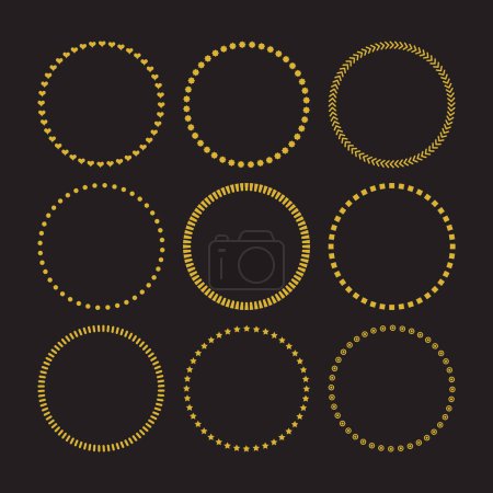 Illustration for Golden like assorted signs empty circles border pattern emblems set design element on black background - Royalty Free Image
