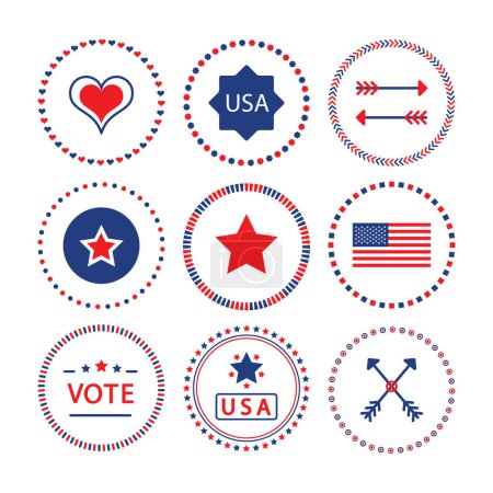 Ilustración de Patrón de borde de círculo americano rojo y azul emblemas y pancartas establecen plantilla sobre fondo blanco - Imagen libre de derechos