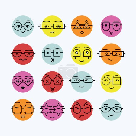 Téléchargez les illustrations : Retro couleurs vives émoticônes mignons visages avec des formes géométriques assorties lunettes icônes fixées sur fond bleu clair - en licence libre de droit