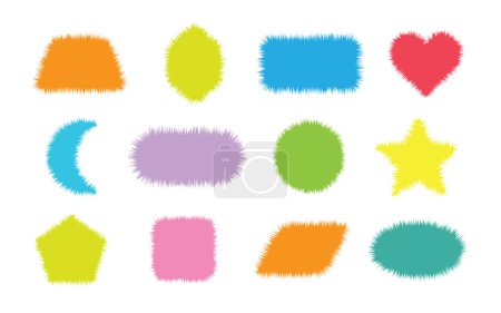 Téléchargez les illustrations : Mignon lumineux coloré moelleux différentes formes géométriques avec des icônes de côtés rugueux fixés sur fond blanc - en licence libre de droit