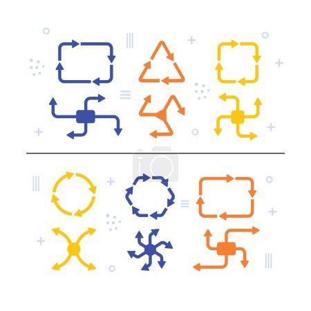 Téléchargez les illustrations : Abstrait coloré isolé formes géométriques direction du cycle flèches avec des icônes texture définir des éléments de conception sur fond blanc - en licence libre de droit