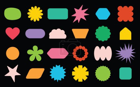 Foto de Lindos niños abstractos coloridos surtidos vacíos formas aleatorias emblemas y etiquetas conjunto de elementos de diseño sobre fondo negro - Imagen libre de derechos
