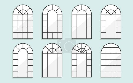 Illustration for Assorted round arched shape wall mirrors and window black frames home decoration objects with reflection and drop shadow on blue background - Royalty Free Image