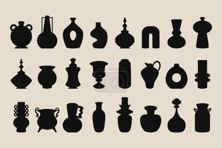 Illustration for Black ink and silhouette isolated decoration vases, pots, and jars icons set design elements on light pink beige background poster - Royalty Free Image