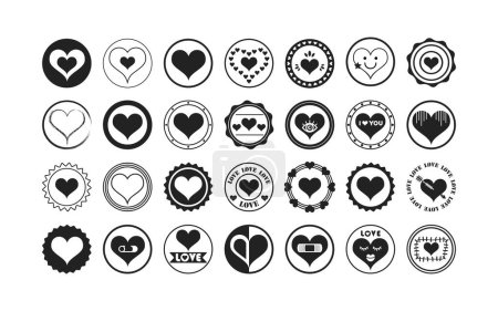 Téléchargez les illustrations : Silhouette noire et isolé mignon pointu forme de coeur symboles cercle assorti emblème timbres icônes définir des éléments de conception sur fond blanc - en licence libre de droit