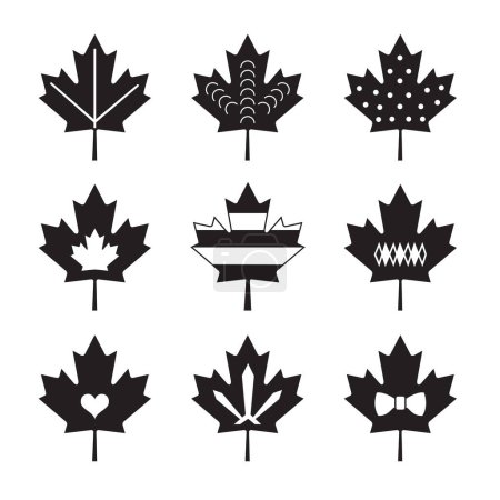 Illustration for Cute black silhouette isolated maple leaf icons set with different patterns design elements template on white background poster - Royalty Free Image