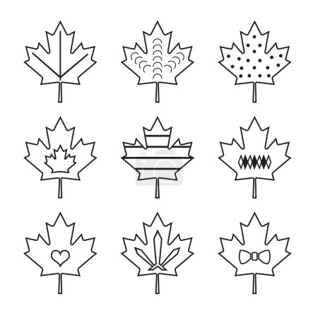 Ilustración de Lindo negro aislado contorno arce hoja iconos conjunto con diferentes patrones de diseño elementos plantilla sobre fondo blanco cartel - Imagen libre de derechos