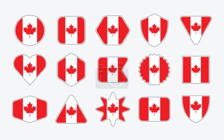 Ilustración de Conjunto completo de pegatinas de banderas canadienses, etiquetas, etiquetas y emblemas con diferentes formas geométricas redondas de esquina iconos elementos de diseño sobre fondo gris claro - Imagen libre de derechos