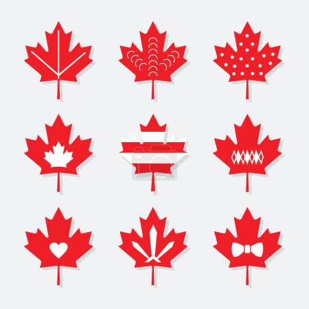 Illustration for Cute red maple leaf icons set with drop shadow and different patterns design elements template on gray background poster - Royalty Free Image