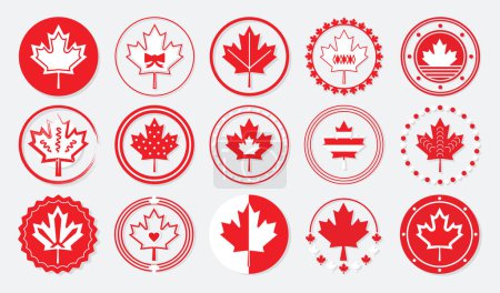 Téléchargez les illustrations : Rouge et blanc assortis stylisé et mignon feuille d'érable canadienne signe cercle emblèmes et timbres icônes éléments de conception réglés avec ombre portée sur fond gris clair - en licence libre de droit