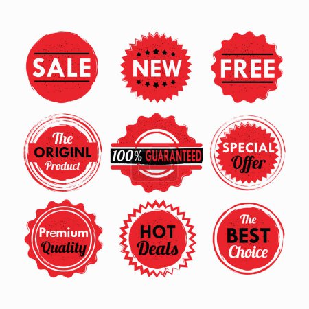 Illustration for Set of assorted red color sales, price tags, special offers labels, badges, seals, and stickers with textures design elements on white background - Royalty Free Image