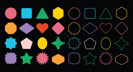 Ilustración de Colorida silueta básica y líneas vacías formas geométricas iconos establecidos sobre fondo blanco - Imagen libre de derechos