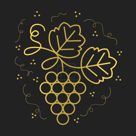 Téléchargez les illustrations : Golden mignonne ligne mince bouquet de raisins icône avec texture plat poster design minimal sur fond noir - en licence libre de droit