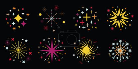 Illustration for Colorful trendy different detail style blast stars isolated icons design elements set on black background - Royalty Free Image