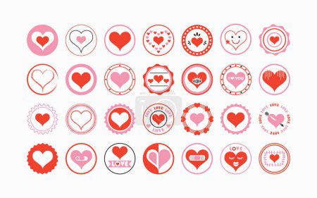 Ilustración de Lindos símbolos de forma de corazón puntiagudo aislado rojo y rosa círculo surtido emblema sellos iconos conjunto elementos de diseño sobre fondo blanco - Imagen libre de derechos