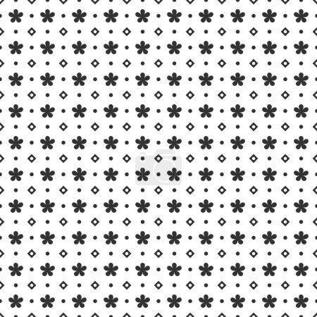 Téléchargez les illustrations : Mignon motif de fleurs, points et diamants noirs sur fond blanc élément de conception - en licence libre de droit