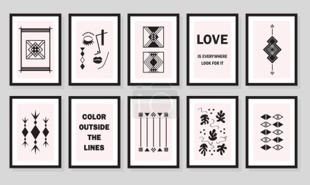 Ilustración de Muestras y símbolos retro en blanco y negro creativos abstractos marcos de arte de pared elemento de diseño conjunto sobre fondo gris - Imagen libre de derechos