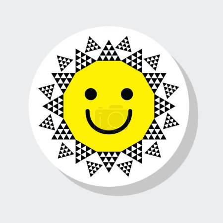 Illustration for Black cute cartoon detail triangle style sun emoji sticker icon with smiling face on gray background - Royalty Free Image